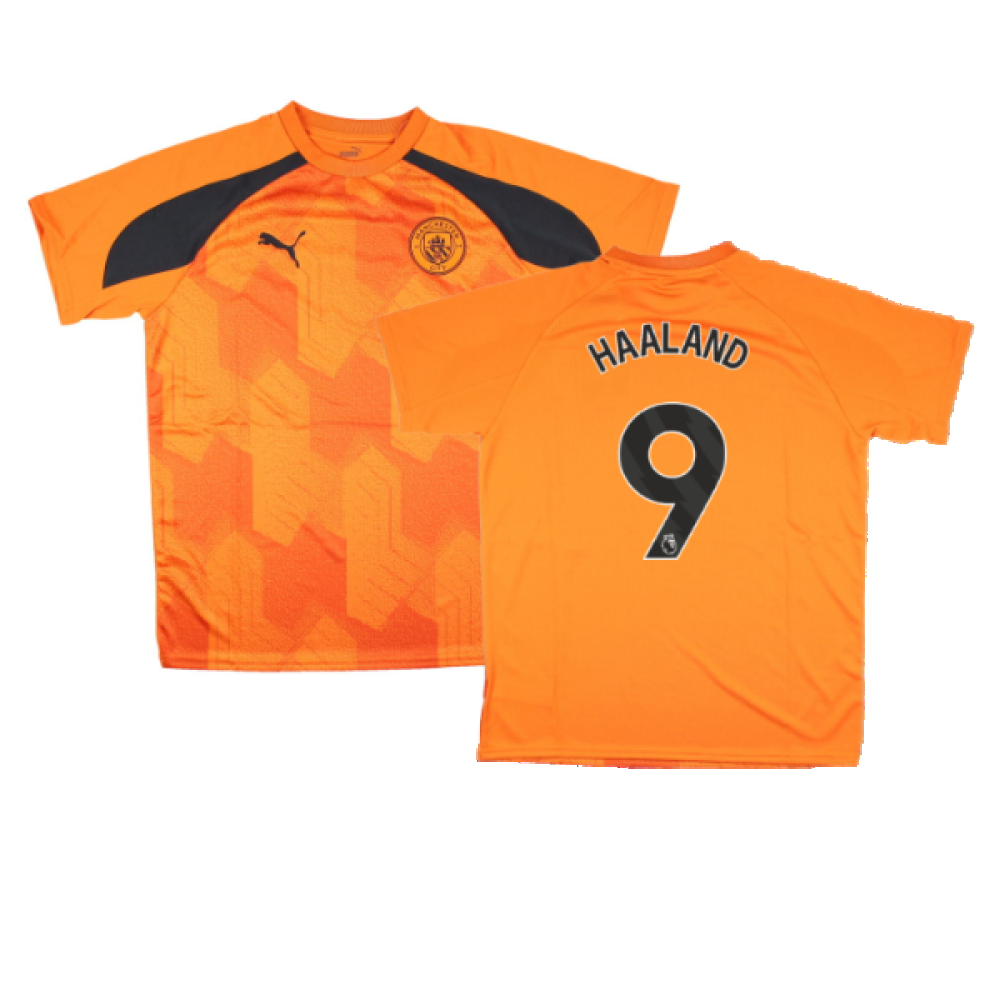 2023-2024 Man City Pre-Match Jersey (Orange) - Kids (HAALAND 9)_0